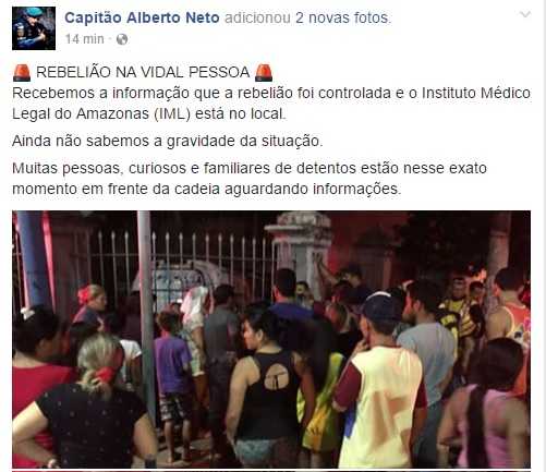Ultimas informações publicadas pelo Capitão Alberto Neto- Facebook