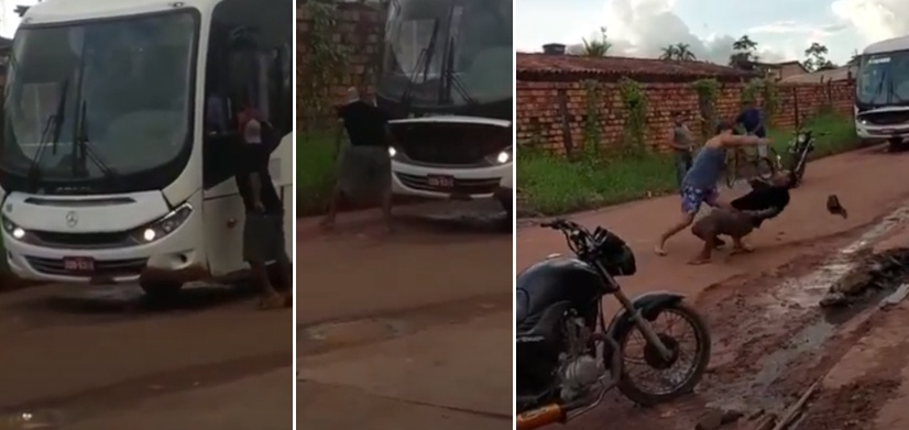 Vídeo: Homem tenta bater em motorista de ônibus, mas aparece um mais doido que ele e o nocauteia; Veja o vídeo